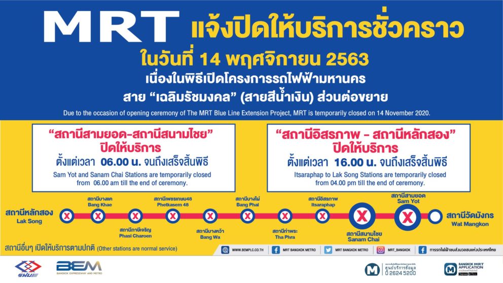 MRT หยุดให้บริการชั่วคราวในบางสถานีเนื่องในพิธีเปิดโครงการรถไฟฟ้าสายสีน้ำเงินส่วนต่อขยาย