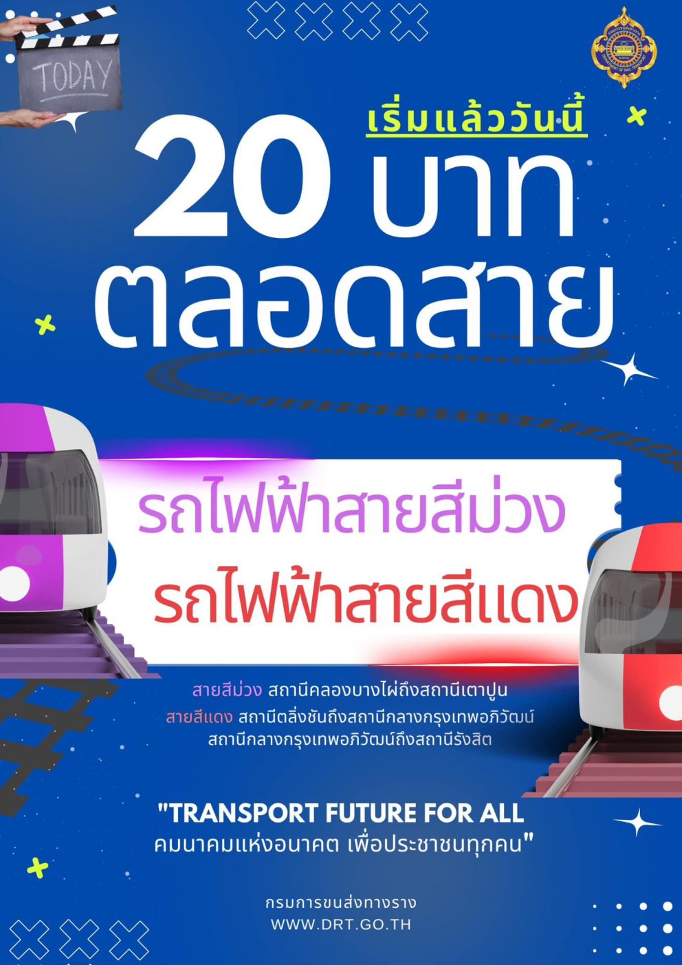 “กรมการขนส่งทางราง” เผยมาตรการอัตราค่าโดยสารรถไฟฟ้าสูงสุด 20 บาทตลอดสายเต็มวัน วันแรกมีประชาชนใช้บริการรถไฟฟ้าสายสีแดงและรถไฟฟ้าสายสีม่วงเพิ่มขึ้นทะลุเป้าเกือบร้อยละ 10 เร่งดำเนินการระบบเก็บเงินเชื่อมต่อรถไฟฟ้าทั้ง 2 สาย คาดเปิดใช้ พ.ย. นี้