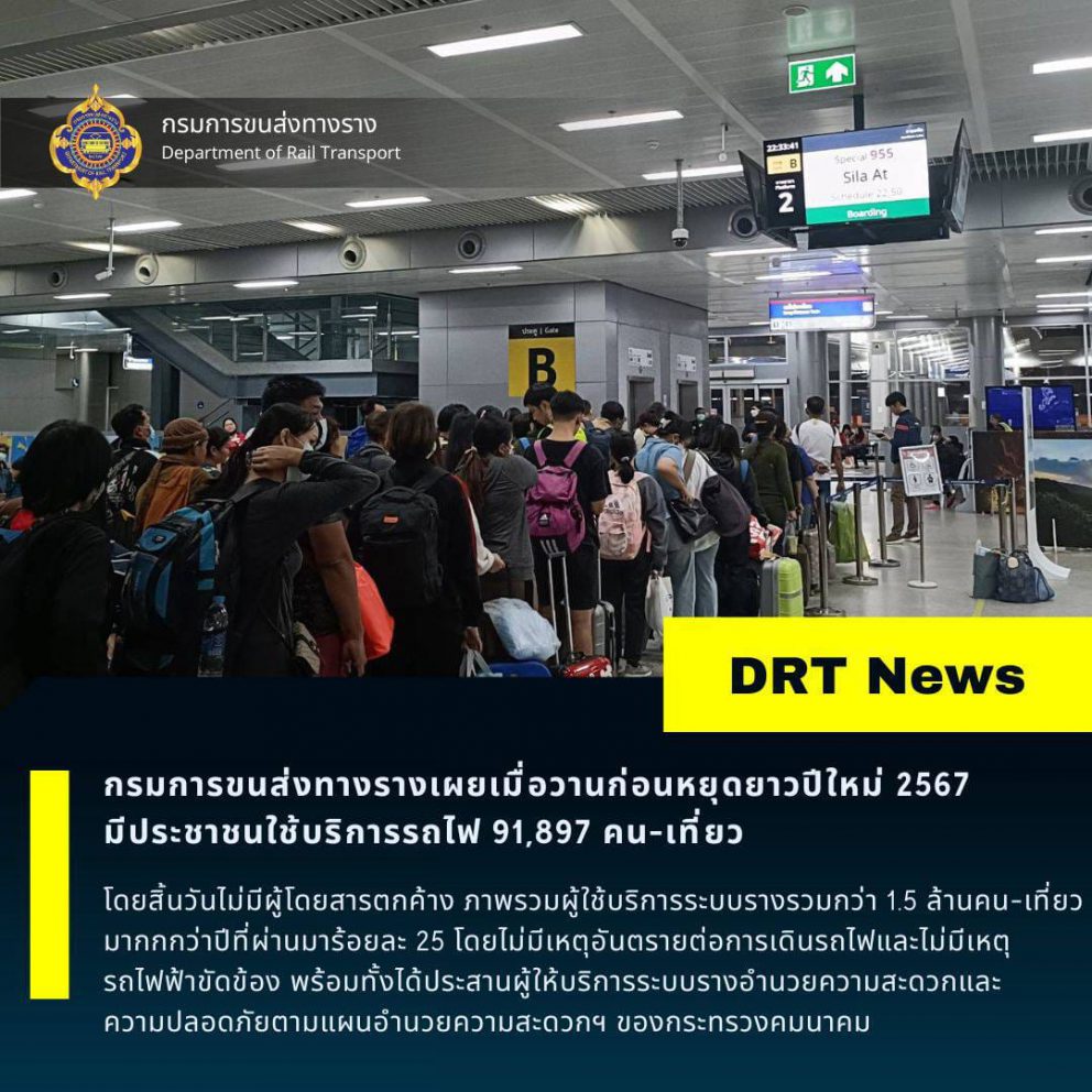 กรมการขนส่งทางรางเผยเมื่อวานก่อนหยุดยาวปีใหม่ 2567 มีประชาชนใช้บริการรถไฟ 91,897 คน-เที่ยว โดยสิ้นวันไม่มีผู้โดยสารตกค้าง ภาพรวมผู้ใช้บริการระบบรางรวมกว่า 1.5 ล้านคน-เที่ยว มากกกว่าปีที่ผ่านมาร้อยละ 25 โดยไม่มีเหตุอันตรายต่อการเดินรถไฟและไม่มีเหตุรถไฟฟ้าขัดข้อง พร้อมทั้งได้ประสานผู้ให้บริการระบบรางอำนวยความสะดวกและความปลอดภัยตามแผนอำนวยความสะดวกฯ ของกระทรวงคมนาคม