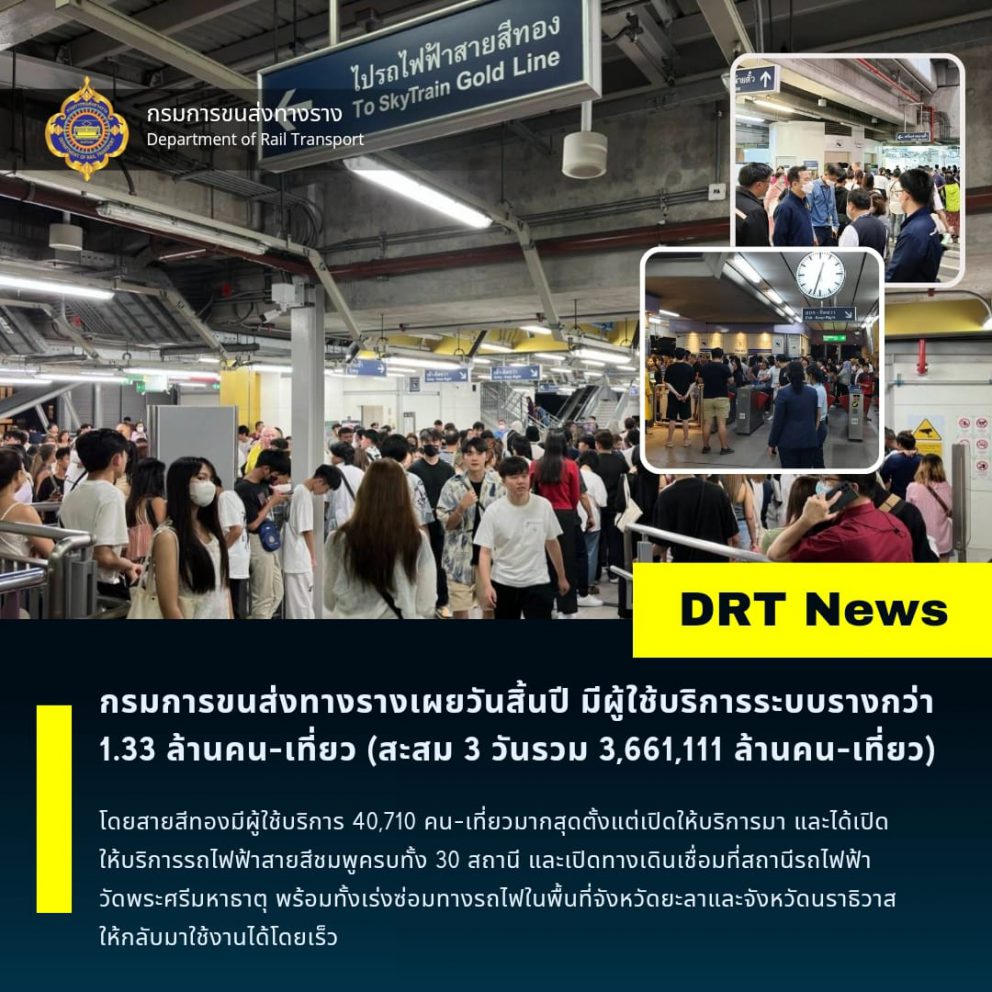 กรมการขนส่งทางรางเผยวันสิ้นปี มีผู้ใช้บริการระบบรางกว่า 1.33 ล้านคน-เที่ยว (สะสม 3 วันรวม 3,661,111 ล้านคน-เที่ยว) โดยสายสีทองมีผู้ใช้บริการ 40,710 คน-เที่ยวมากสุดตั้งแต่เปิดให้บริการมา ทั้งนี้ มีเหตุอันตรายต่อการเดินรถไฟจากสัตว์ 2 ครั้ง แต่ไม่มีเหตุรถไฟฟ้าขัดข้อง ทั้งนี้ ได้มีการเปิดให้บริการของรถไฟฟ้าสายสีชมพูครบทั้ง 30 สถานี และเปิดทางเดินเชื่อมที่สถานีรถไฟฟ้าวัดพระศรีมหาธาตุ พร้อมทั้งเร่งซ่อมทางรถไฟในพื้นที่จังหวัดยะลาและจังหวัดนราธิวาสให้กลับมาใช้งานได้โดยเร็ว