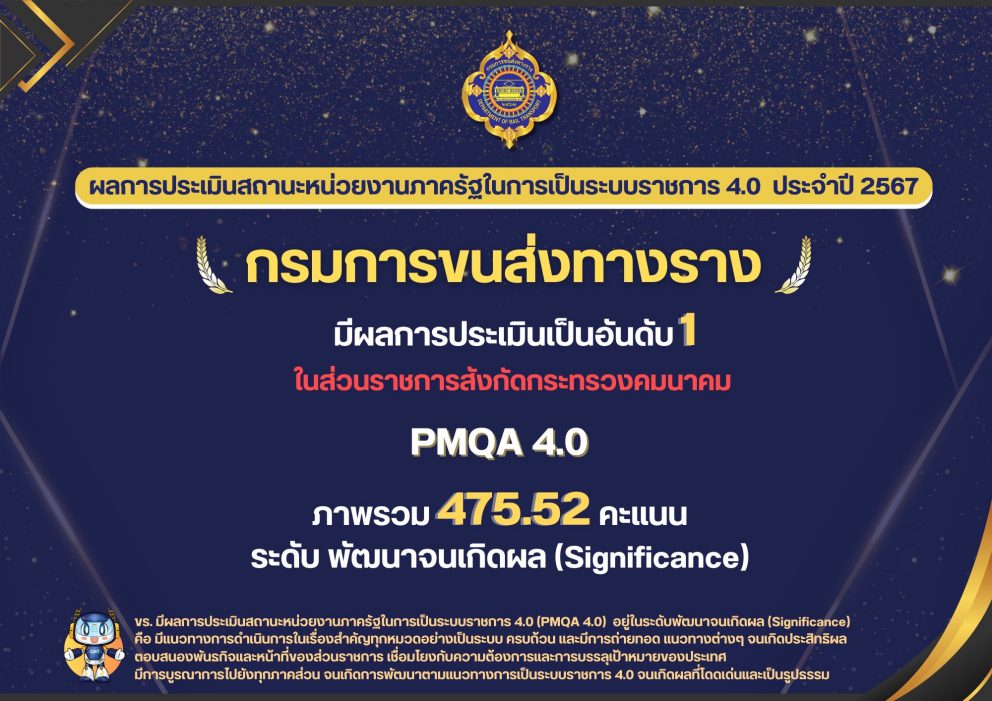 กรมการขนส่งทางราง ครองอันดับ 1 การประเมินสถานะของหน่วยงานภาครัฐในการเป็นระบบราชการ 4.0 ในสังกัดกระทรวงคมนาคม ประจำปีงบประมาณ พ.ศ.2567
