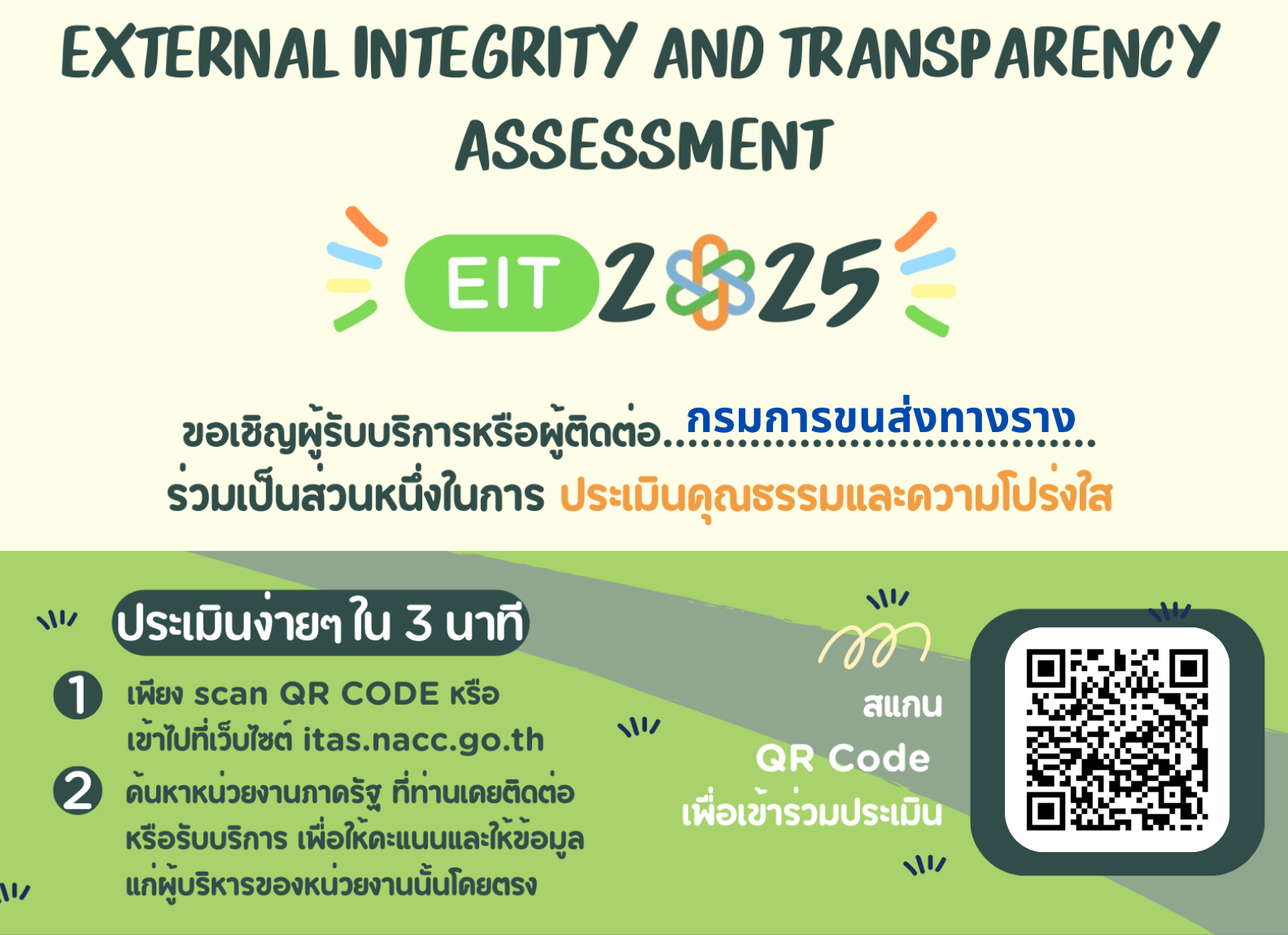 ขอเชิญประเมินคุณธรรมและความโปร่งใสของกรมการขนส่งทางราง